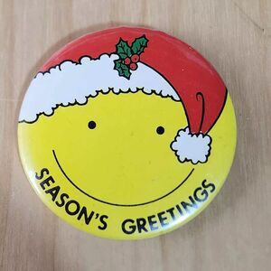 Season's Greetings Smiling Face Santa Hat Vintage Retro 1980s Pinback Button Pin